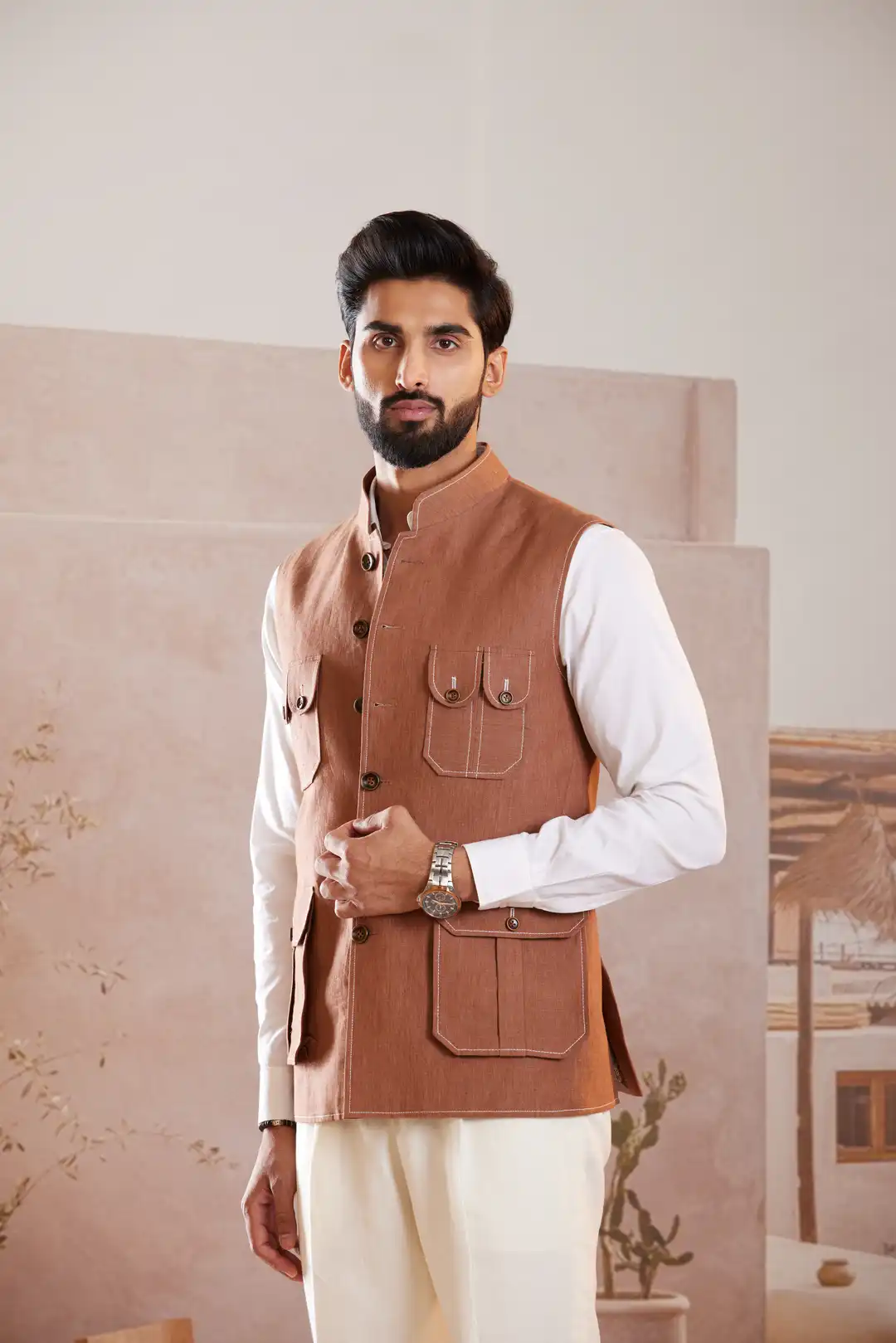 Terracotta Four Pocket Linen Sadri - Image 2