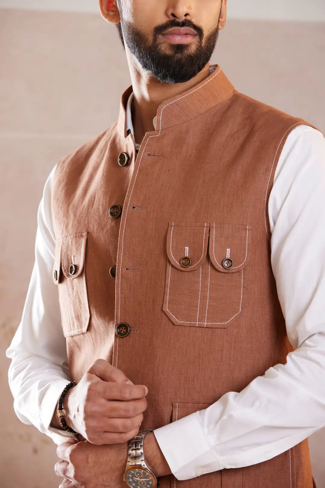 Terracotta Four Pocket Linen Sadri - Image 3