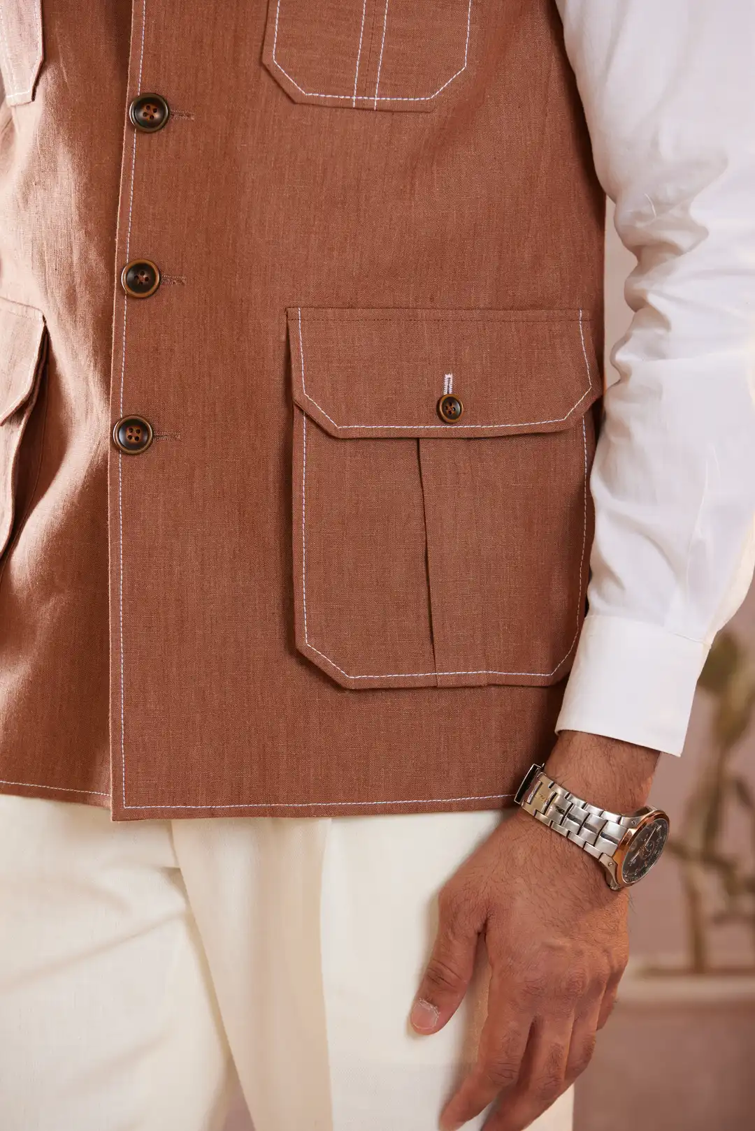 Terracotta Four Pocket Linen Sadri - Image 4