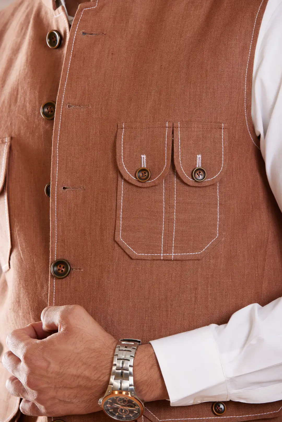 Terracotta Four Pocket Linen Sadri - Image 5