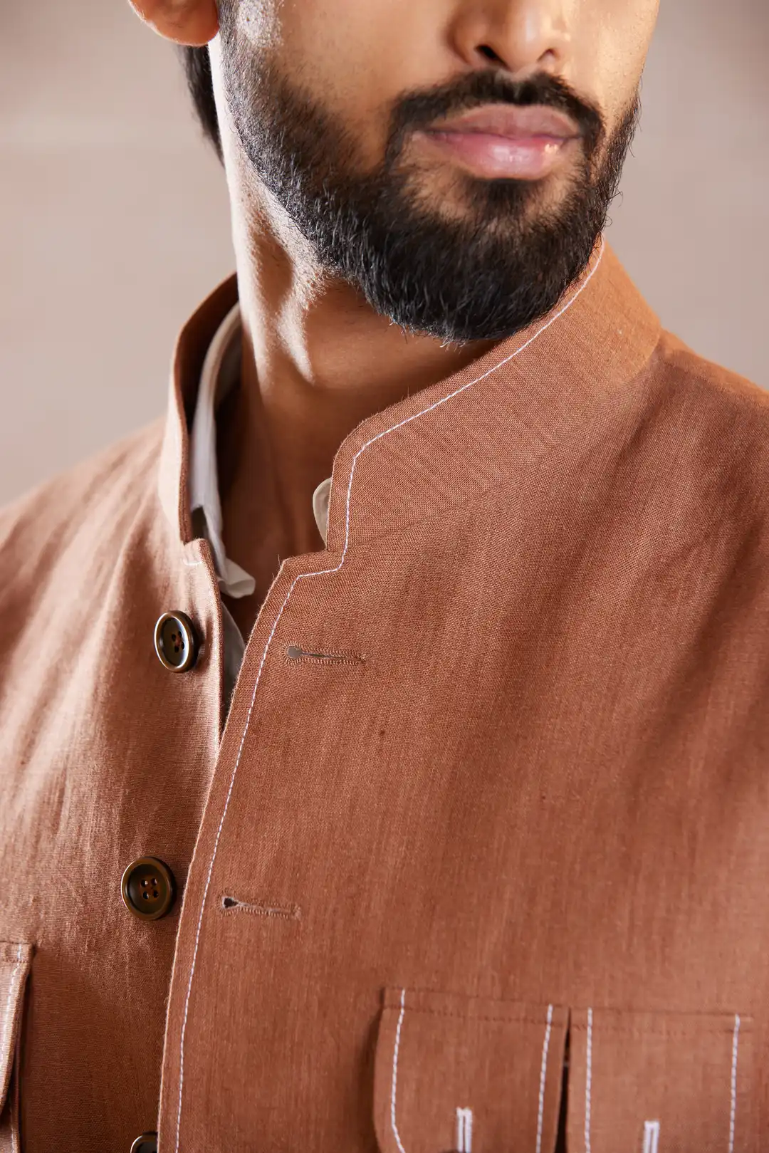 Terracotta Four Pocket Linen Sadri - Image 7