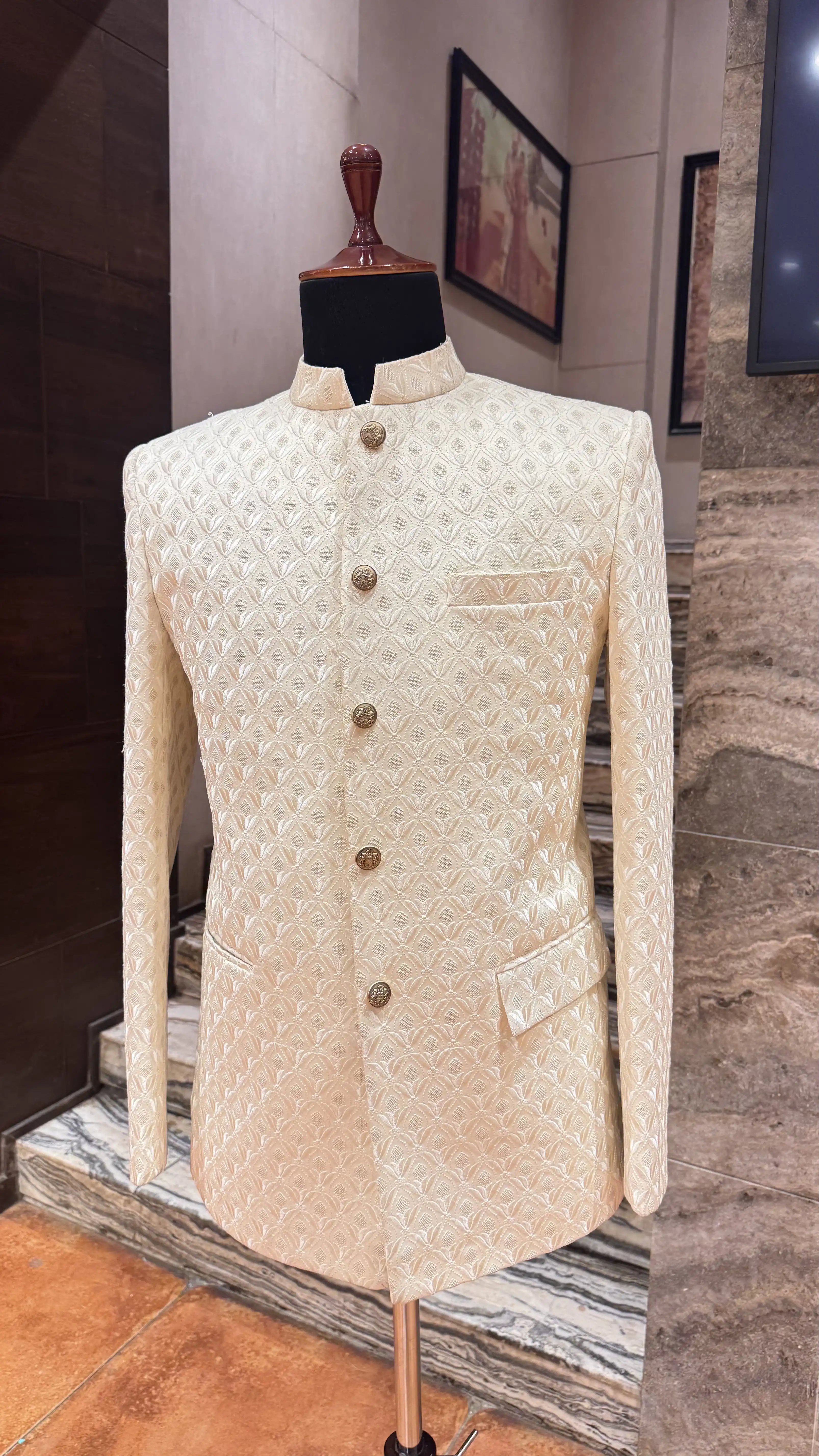 White & Gold Embroidery Bandhgala Jacket for Men