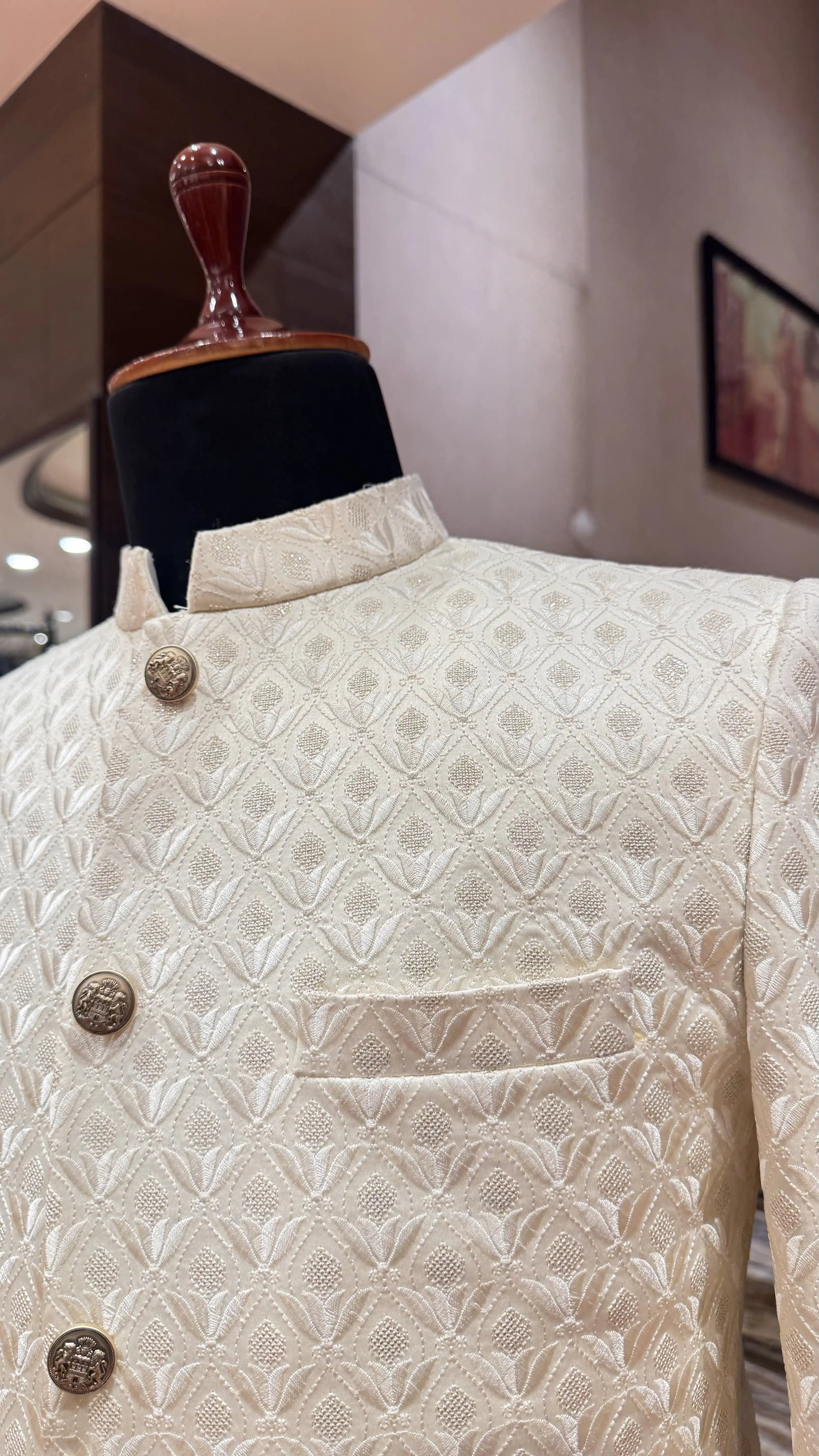 White & Gold Embroidery Bandhgala Jacket for Men - Image 2