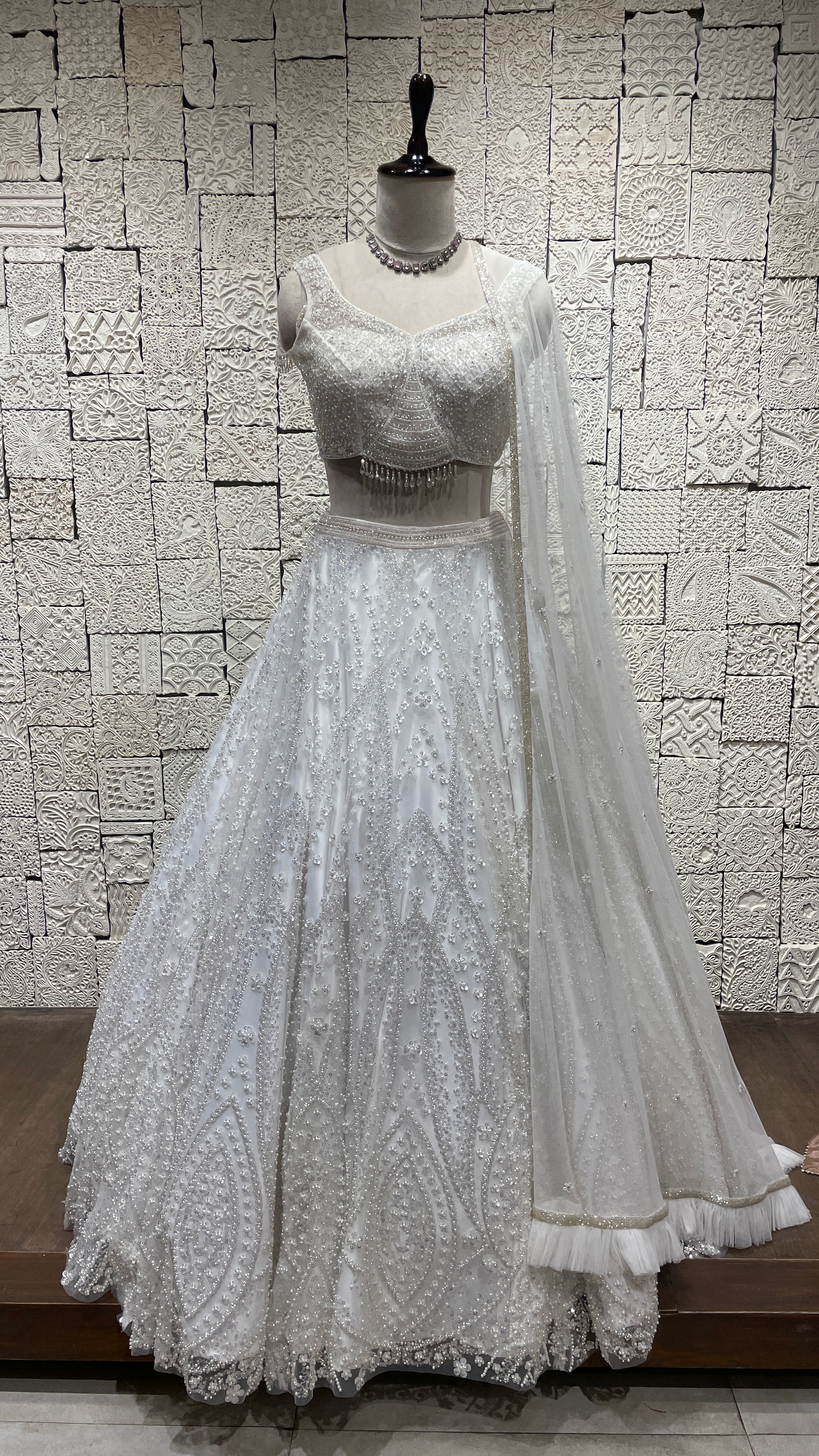 White Lehenga with Sequins & Cutdana Embellishments