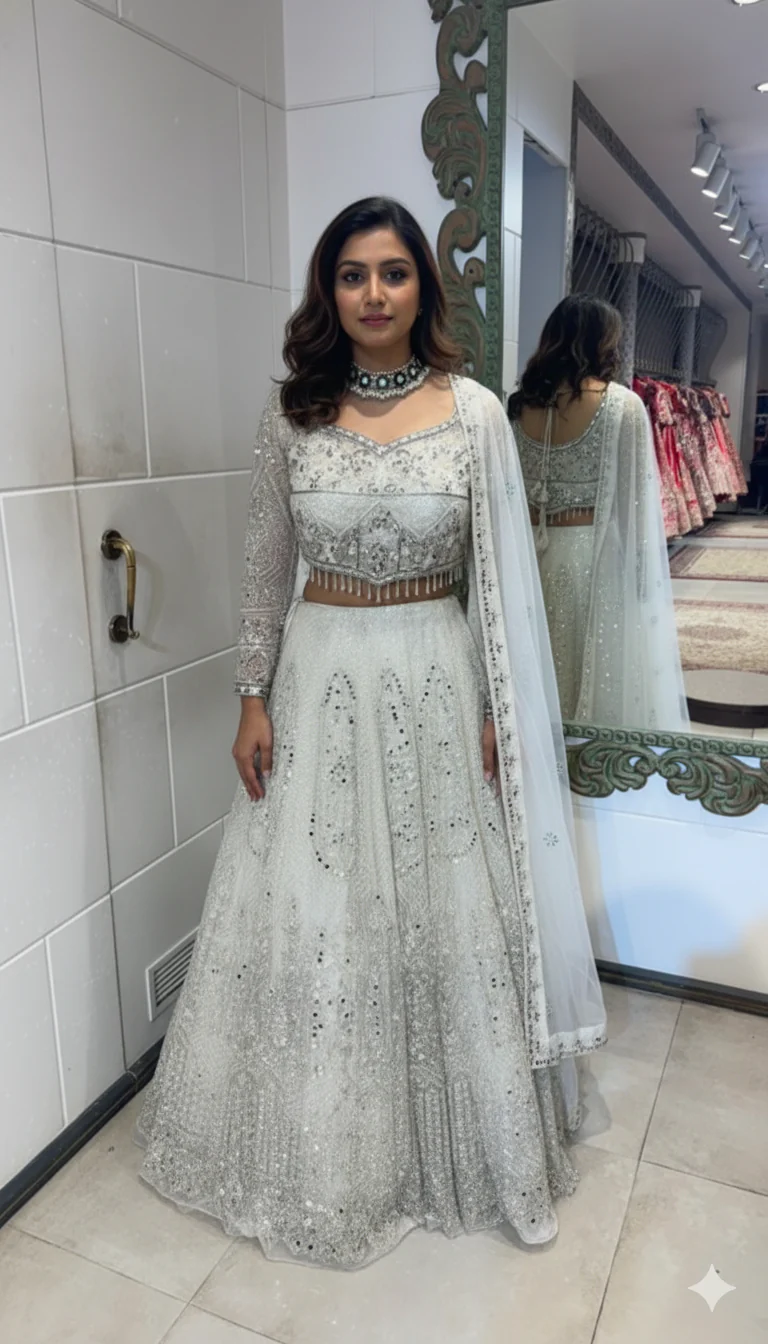 White Mirror Work Lehenga