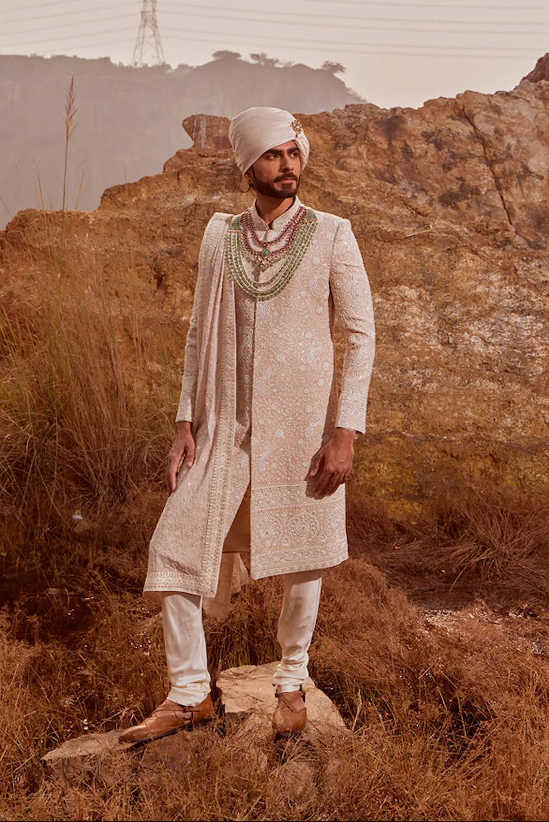 Beige Sherwani with pearl and thread work - Image 2