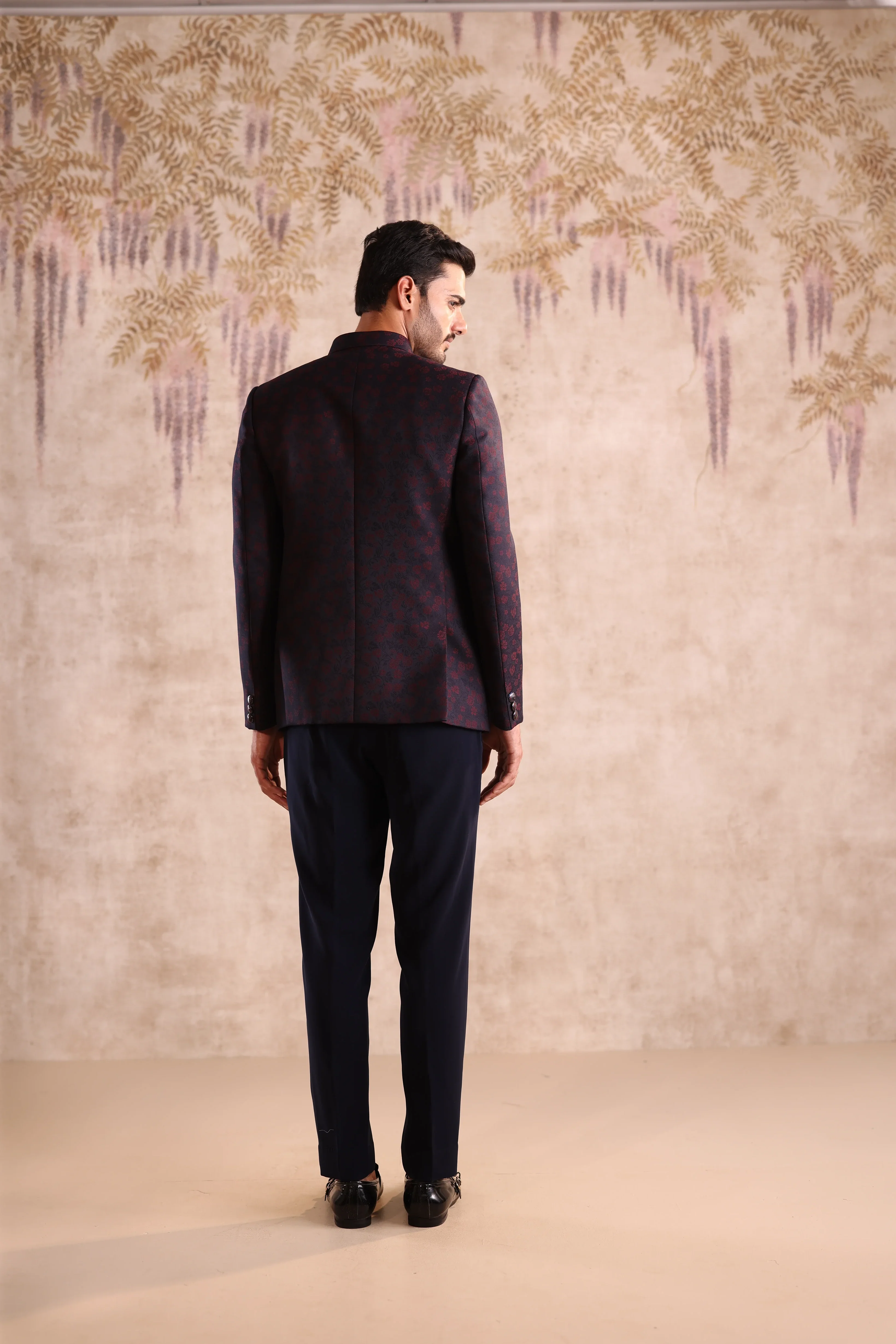 Blue Floral Embroidered Bandhgala Jacket - Image 3