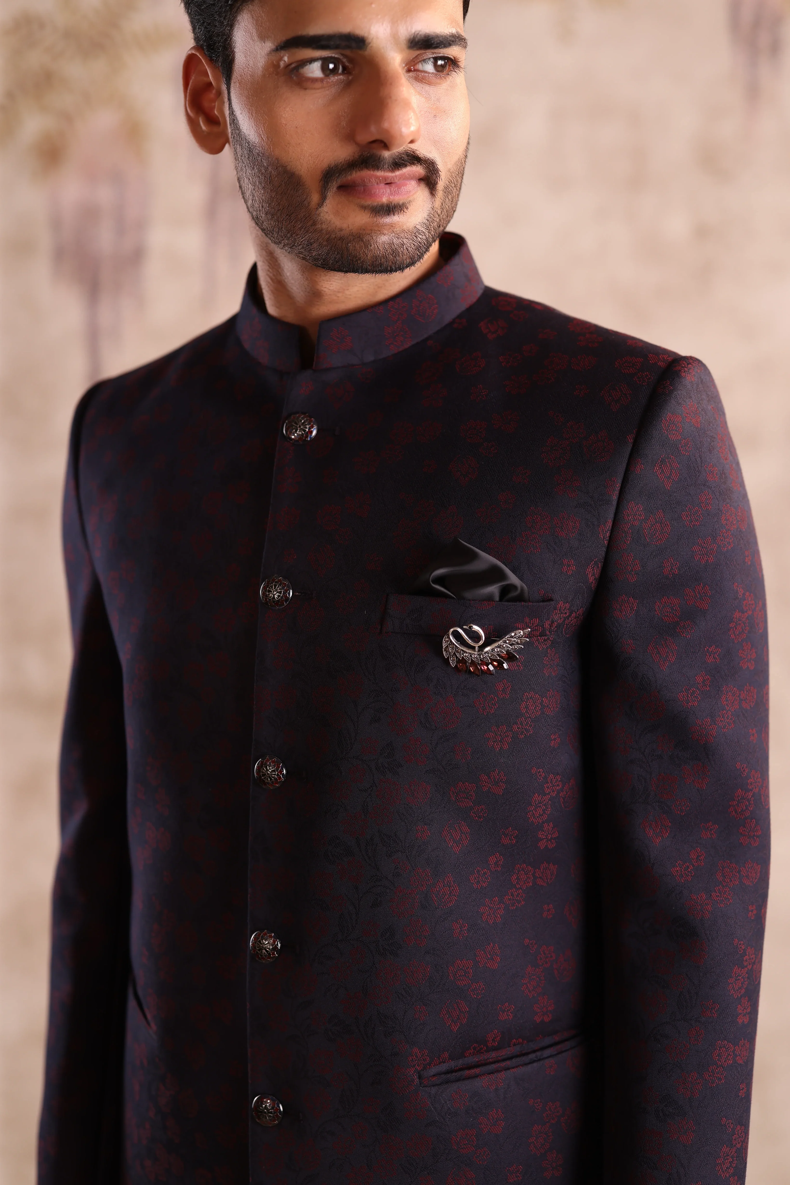 Blue Floral Embroidered Bandhgala Jacket - Image 4