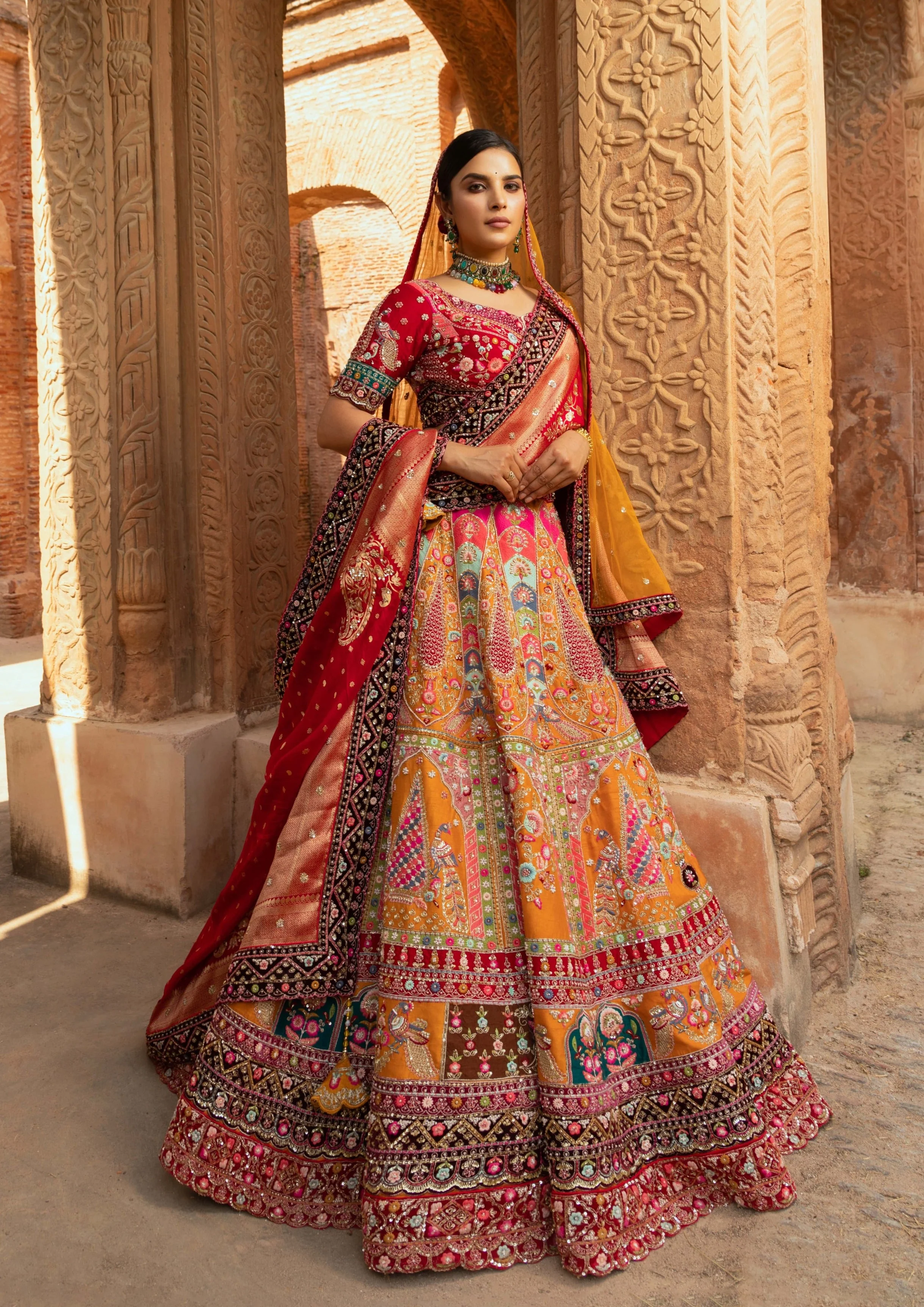 Yellow Multi-Coloured Zardozi Bridal Lehenga - Handcrafted Wedding Wear