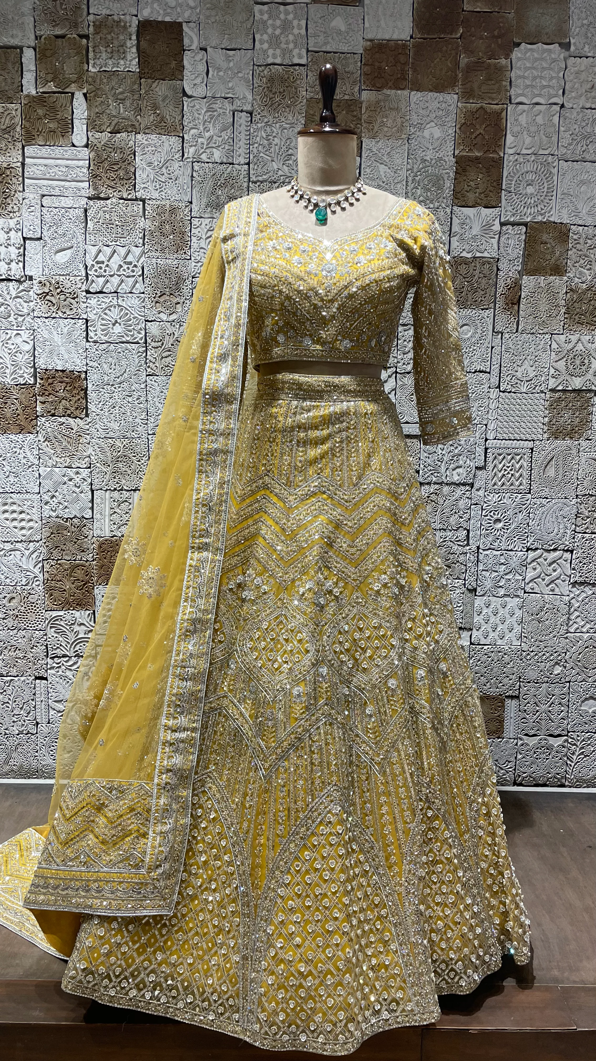 Yellow Net Lehenga with Mirrorwork