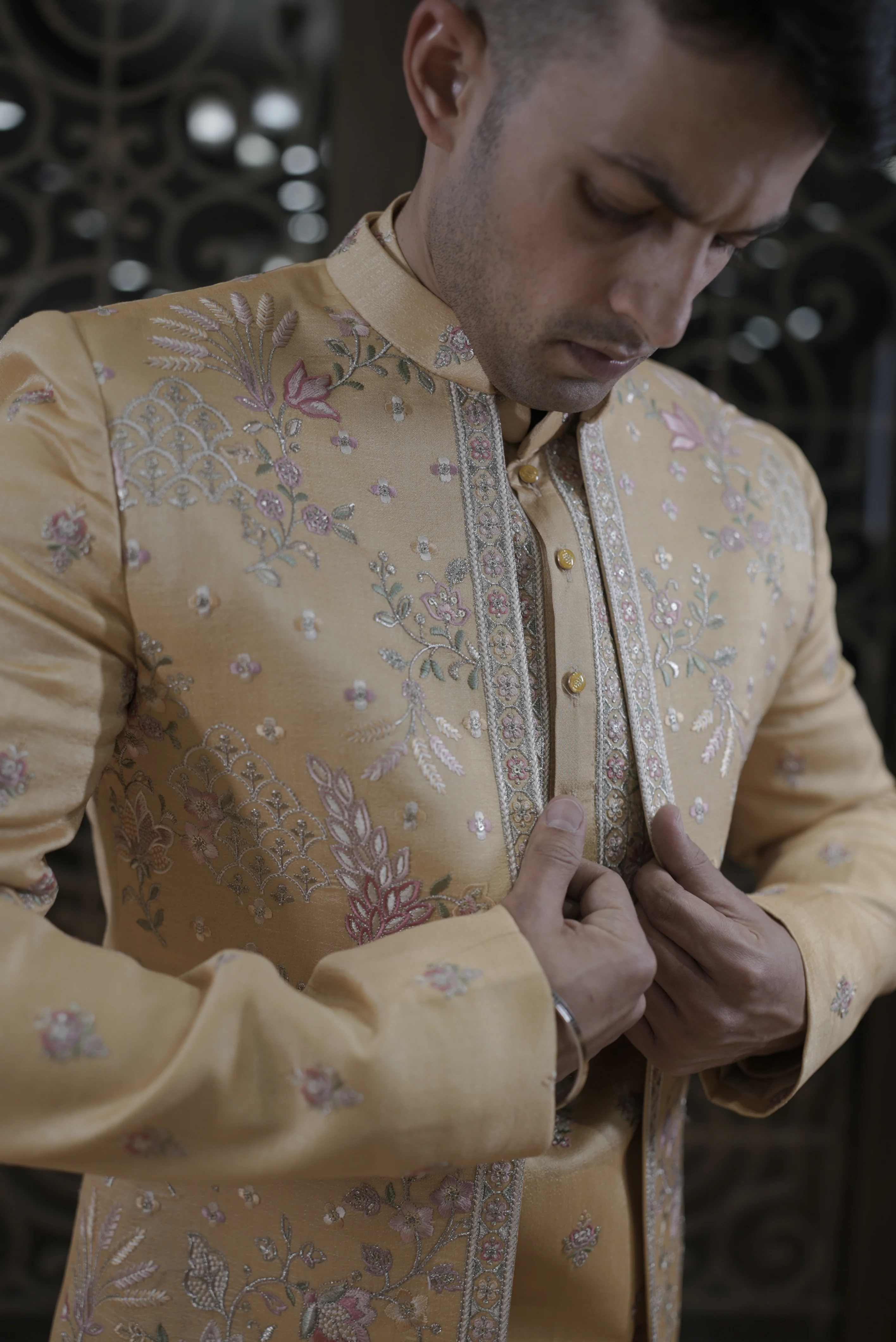 Yellow silk indo western with thread work - Image 3