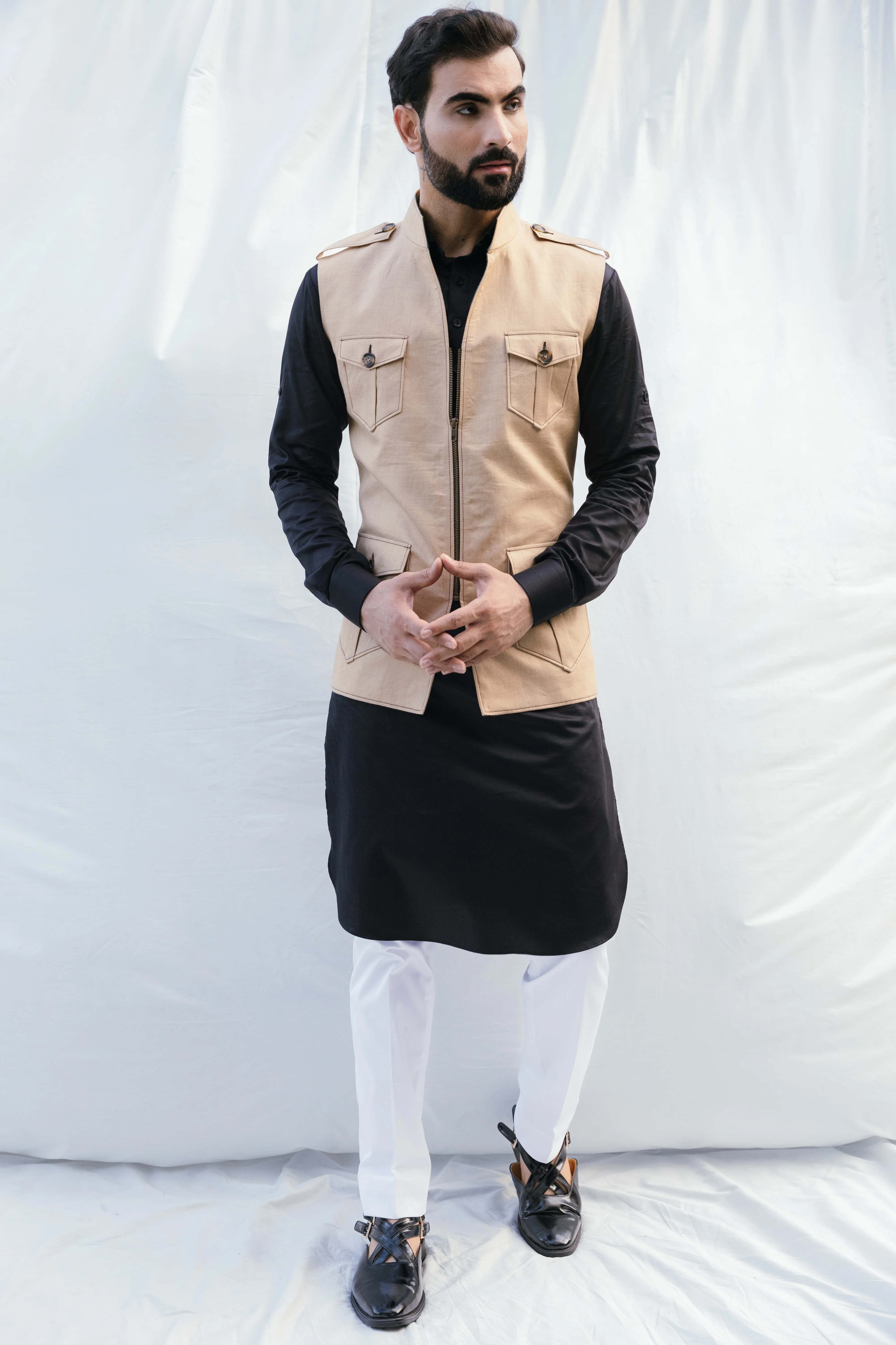 Beige Zipper Sadri with Patch Pockets & Contrast Stitch for Men